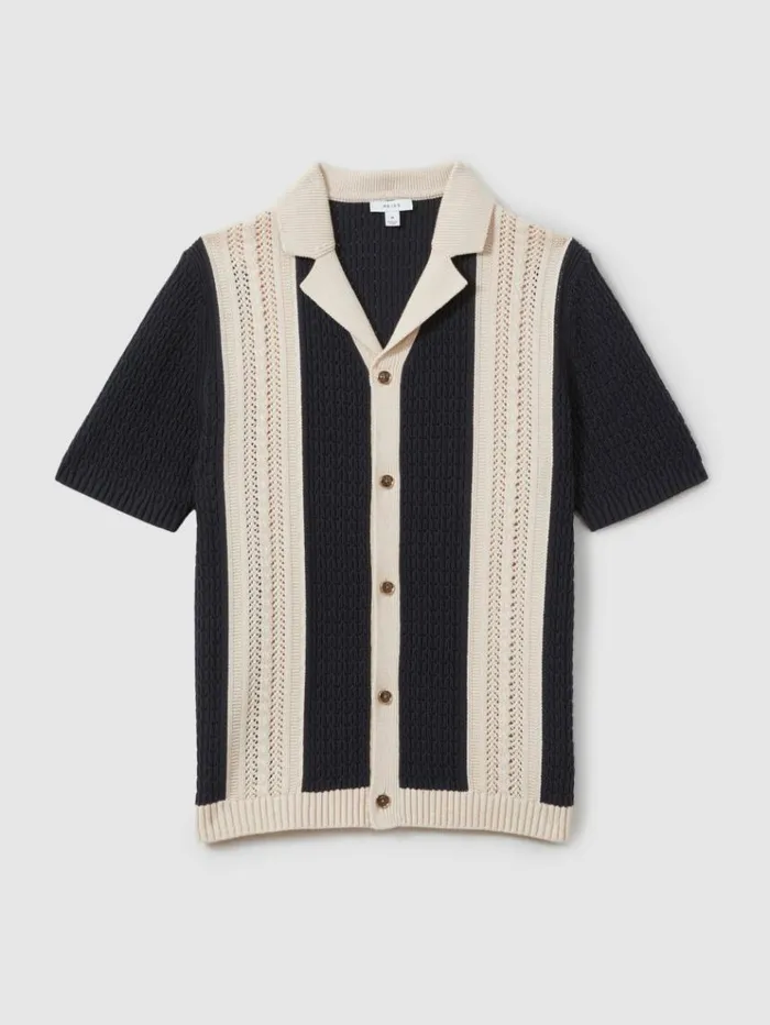 REISS Shirts Men Crochet Striped Cuban Collar Shirt Navystone