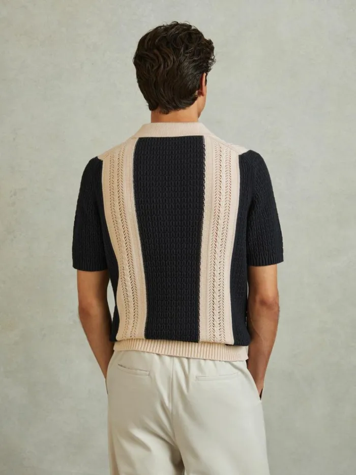 REISS Shirts Men Crochet Striped Cuban Collar Shirt Navystone