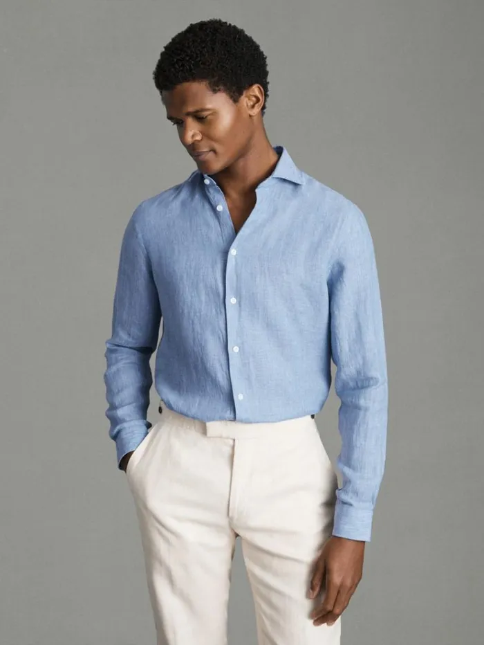 REISS Shirts Men Linen Button Through Shirt Sky Blue