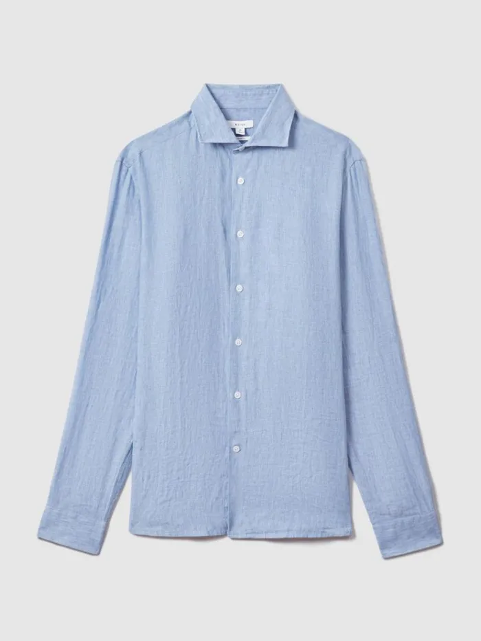 REISS Shirts Men Linen Button Through Shirt Sky Blue