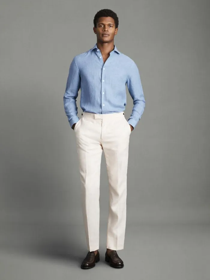 REISS Shirts Men Linen Button Through Shirt Sky Blue