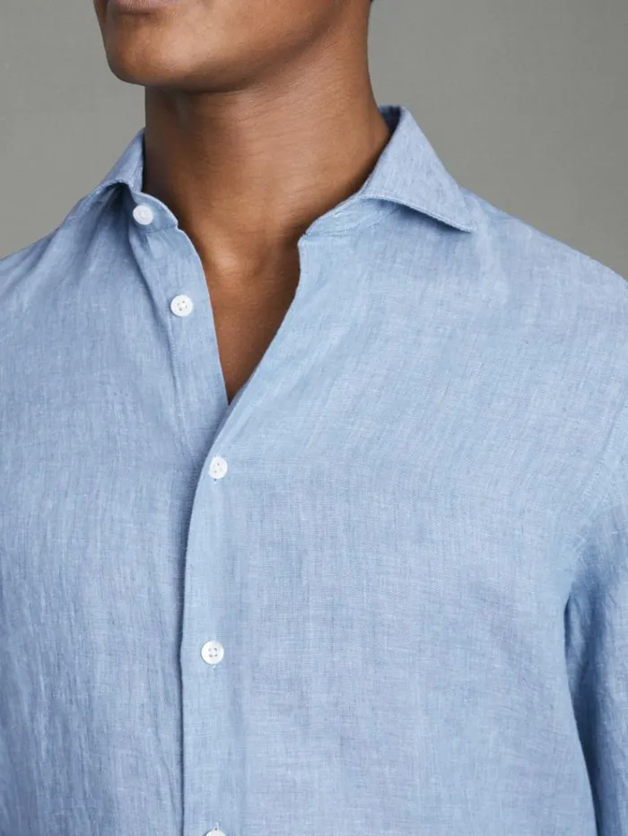 REISS Shirts Men Linen Button Through Shirt Sky Blue