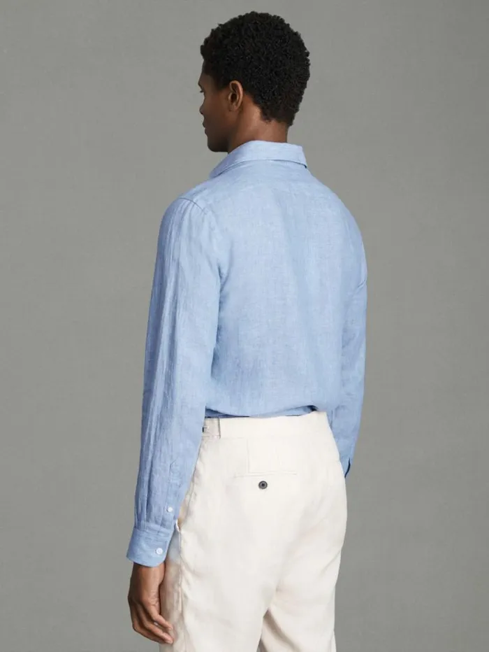 REISS Shirts Men Linen Button Through Shirt Sky Blue