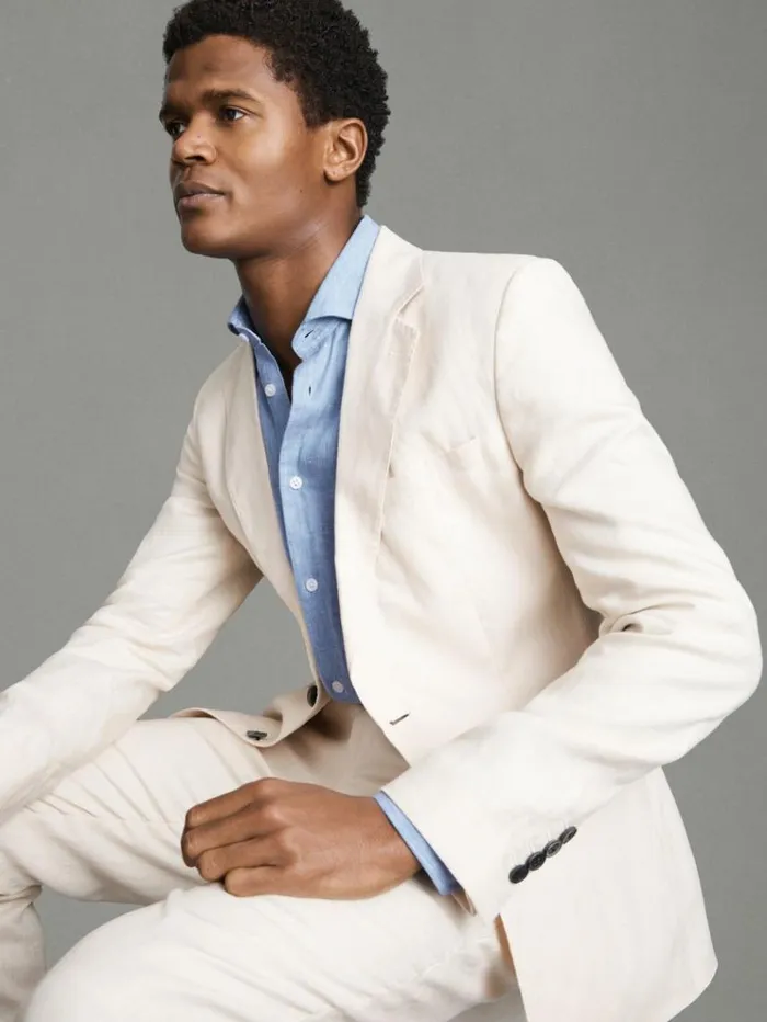 REISS Shirts Men Linen Button Through Shirt Sky Blue