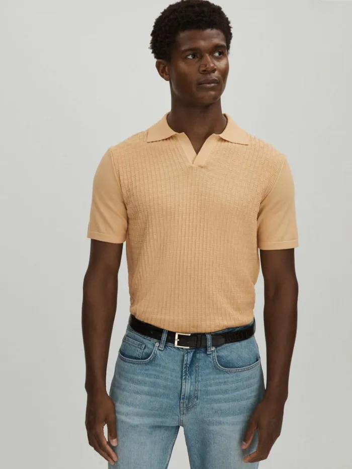 REISS Shirts Men Oscar Jacobson 100 Cotton OpenCollar Polo Shirt Sand