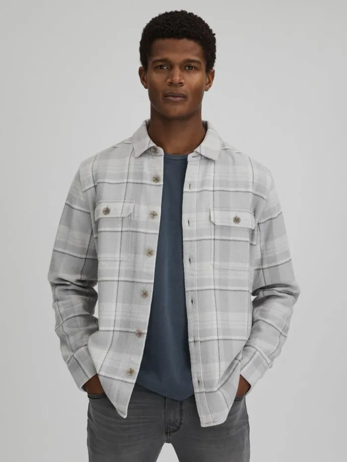 REISS Shirts Men Paige Cotton Checked Overshirt Grey