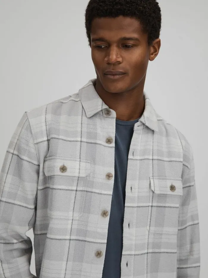 REISS Shirts Men Paige Cotton Checked Overshirt Grey