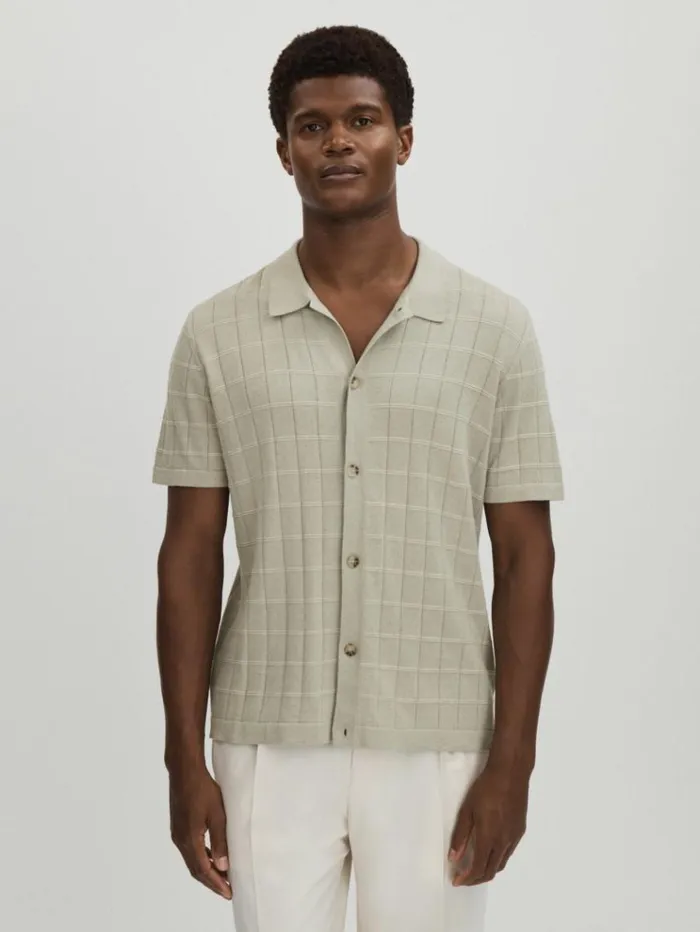 REISS Shirts Men Paige CottonLinen Knitted Check Shirt Sage