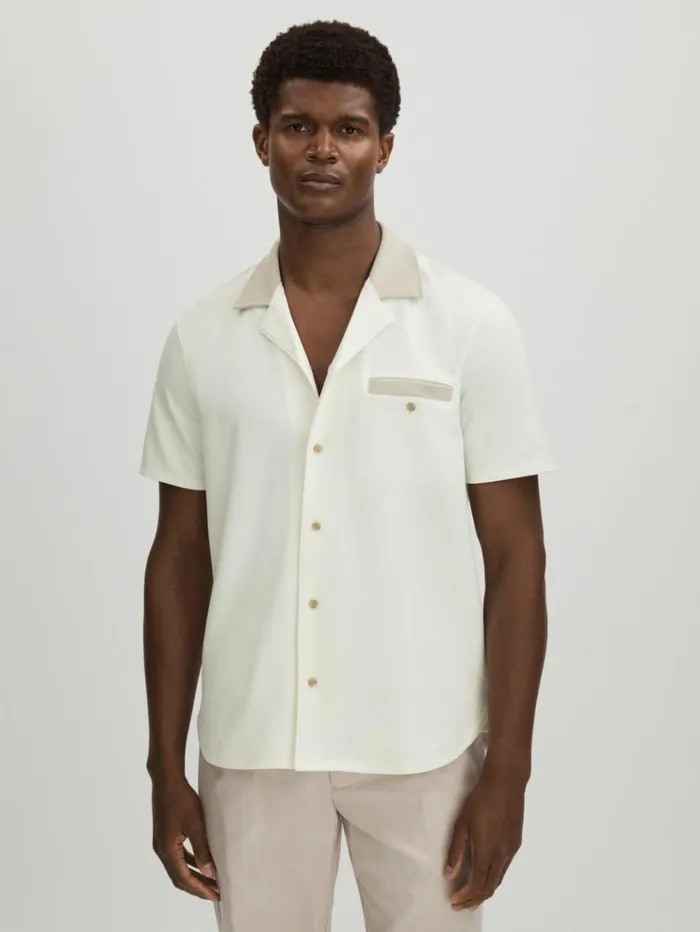 REISS Shirts Men Paige Knitted Pique Cuban Collar Shirt White