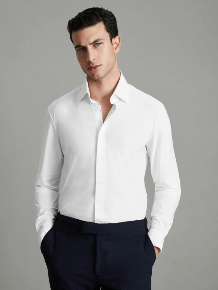 REISS Shirts Men Slim Fit ButtonThrough Travel Shirt White