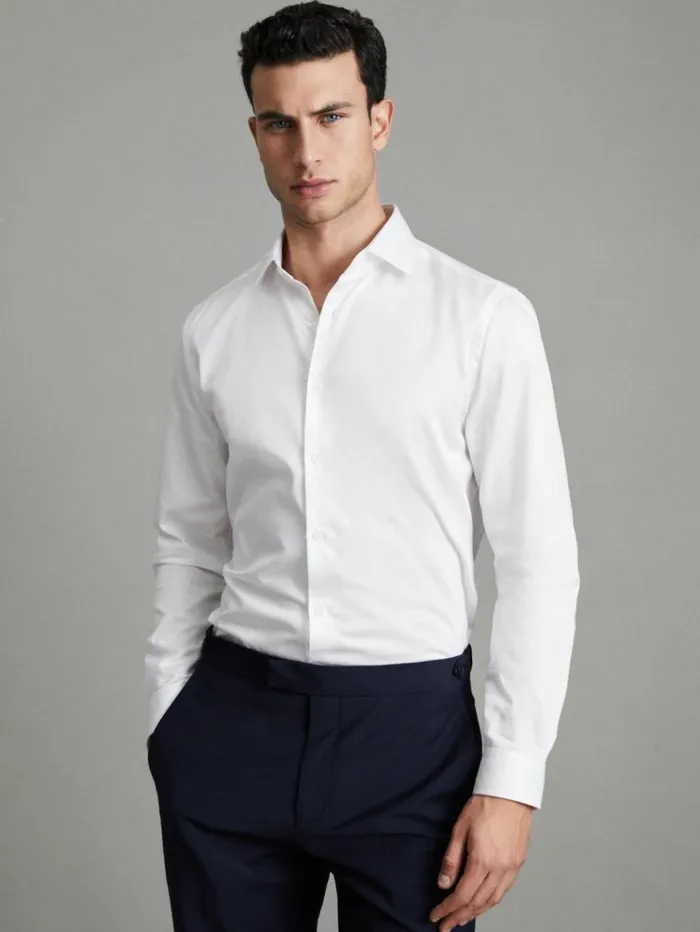 REISS Shirts Men Slim Fit Cotton Sateen Shirt White