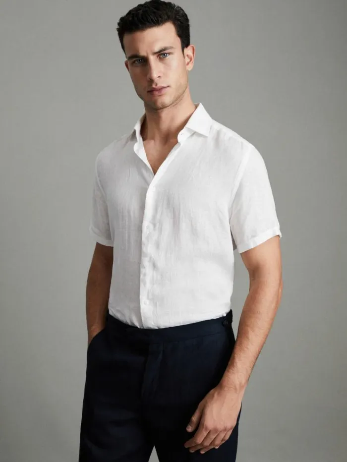 REISS Shirts Men Slim Fit Linen ButtonThrough Shirt White