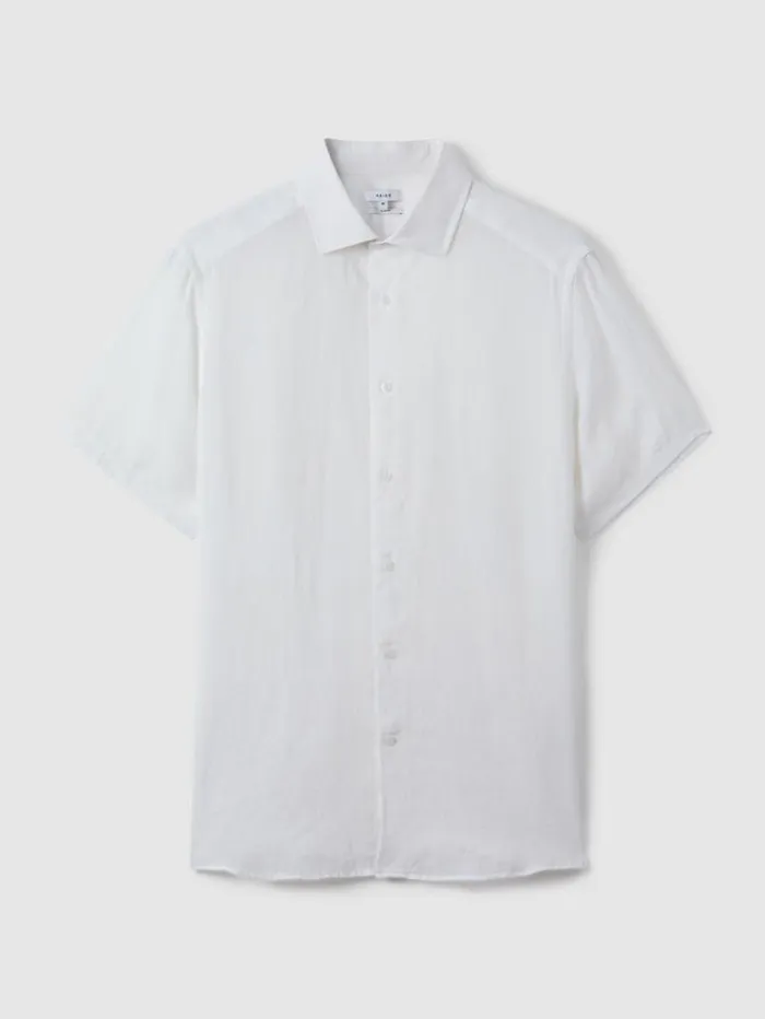 REISS Shirts Men Slim Fit Linen ButtonThrough Shirt White