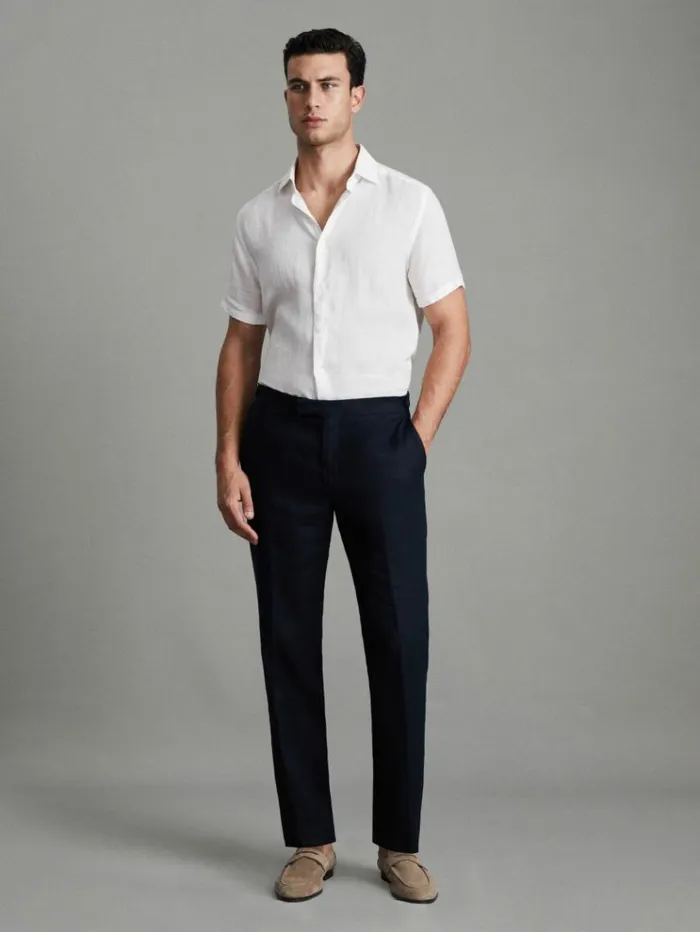 REISS Shirts Men Slim Fit Linen ButtonThrough Shirt White