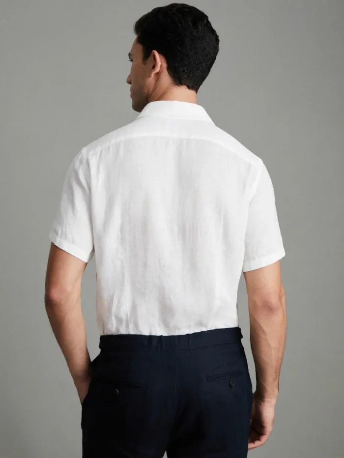 REISS Shirts Men Slim Fit Linen ButtonThrough Shirt White