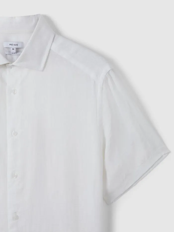 REISS Shirts Men Slim Fit Linen ButtonThrough Shirt White