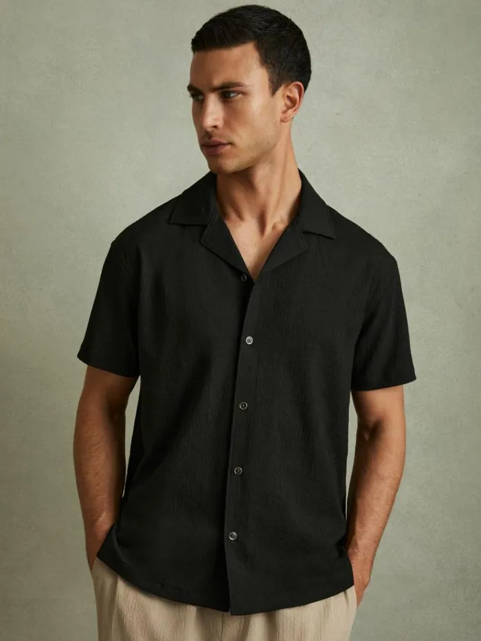 REISS Shirts Men Textured Crepe Cuban Collar Shirt Emerald
