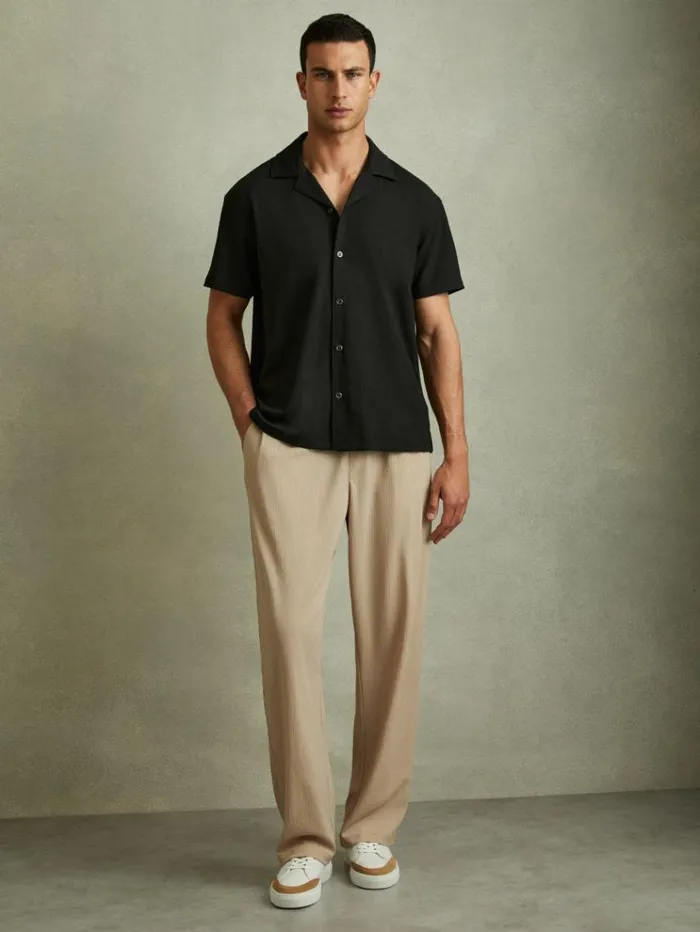 REISS Shirts Men Textured Crepe Cuban Collar Shirt Emerald
