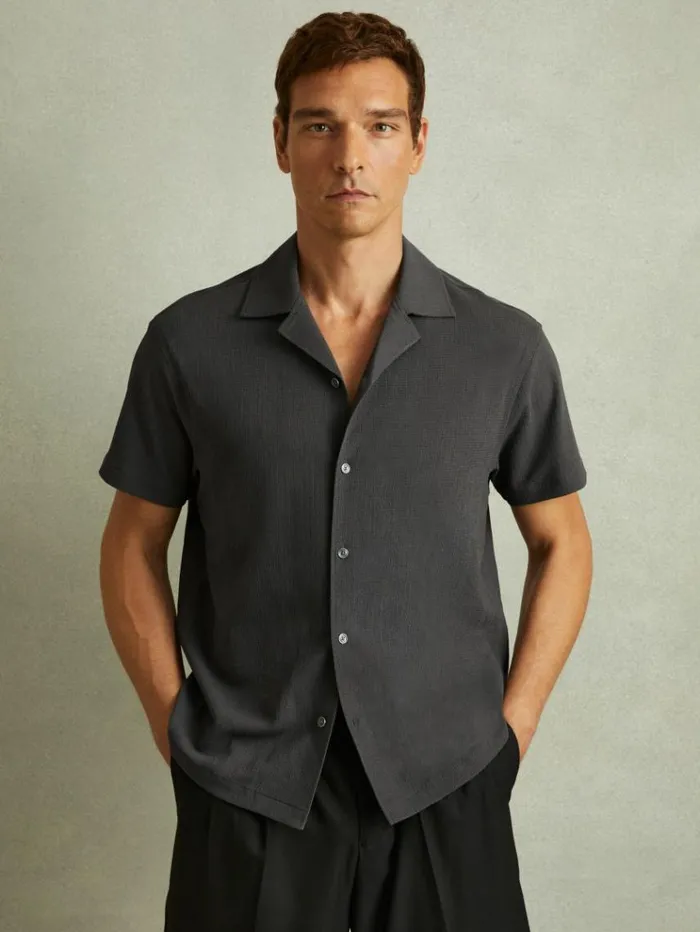 REISS Shirts Men Textured Crepe Cuban Collar Shirt Steel Grey