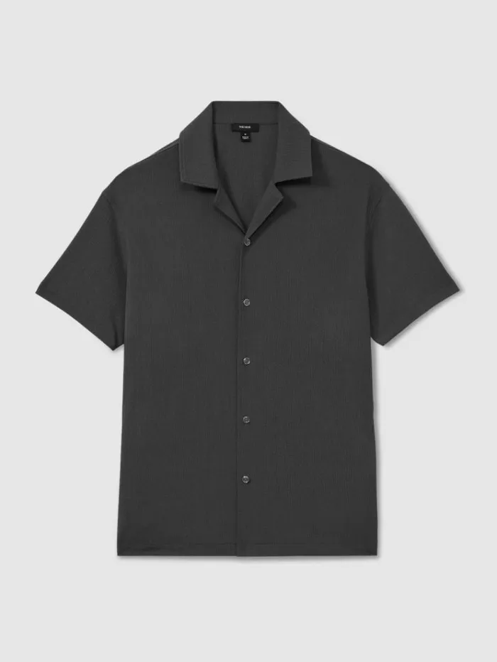 REISS Shirts Men Textured Crepe Cuban Collar Shirt Steel Grey