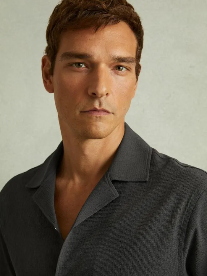 REISS Shirts Men Textured Crepe Cuban Collar Shirt Steel Grey