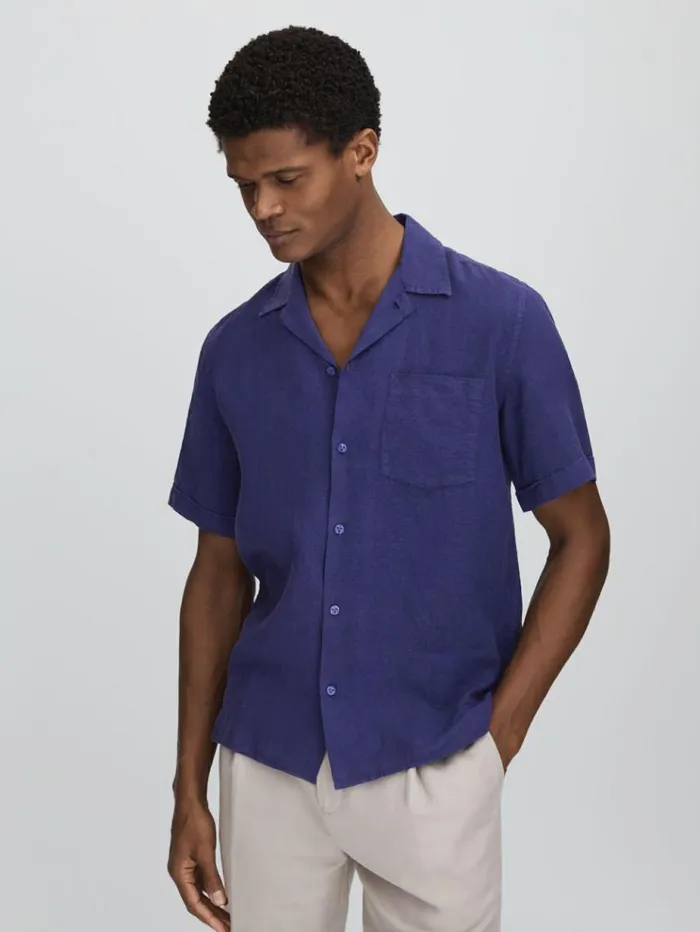 REISS Shirts Men Vilebrequin Linen Shirt Navy