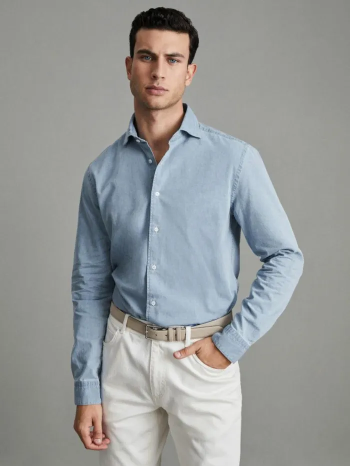 REISS Shirts Men Washed Chambray ButtonThrough Shirt Blue