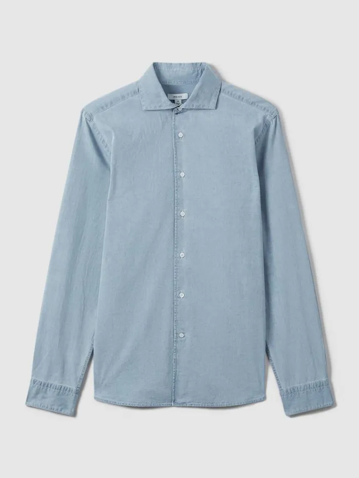 REISS Shirts Men Washed Chambray ButtonThrough Shirt Blue