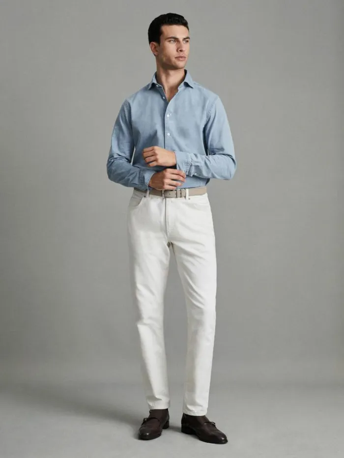 REISS Shirts Men Washed Chambray ButtonThrough Shirt Blue