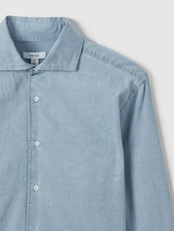 REISS Shirts Men Washed Chambray ButtonThrough Shirt Blue