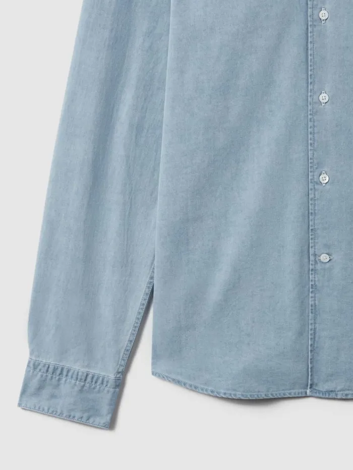 REISS Shirts Men Washed Chambray ButtonThrough Shirt Blue