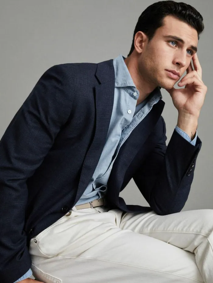 REISS Shirts Men Washed Chambray ButtonThrough Shirt Blue