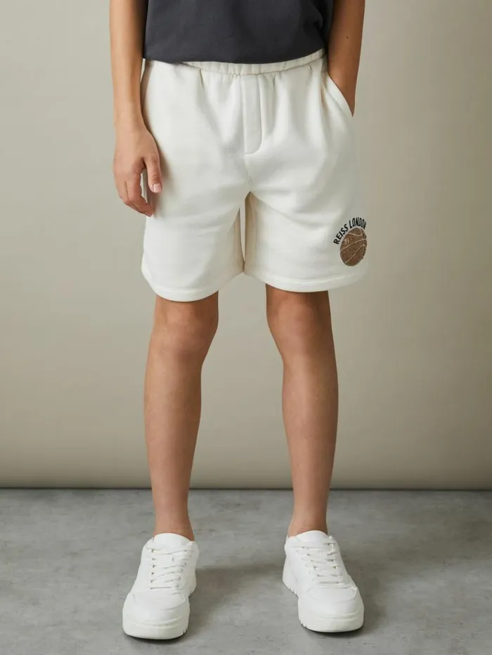 REISS Shorts Children Relaxed Embroidered Basketball Shorts Off White