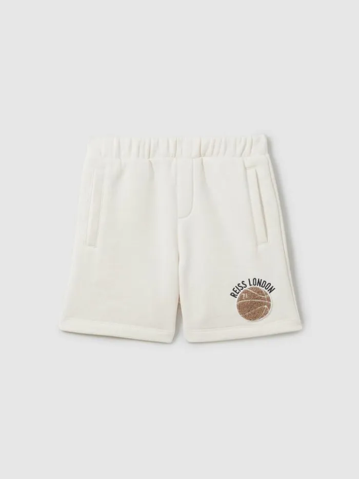 REISS Shorts Children Relaxed Embroidered Basketball Shorts Off White