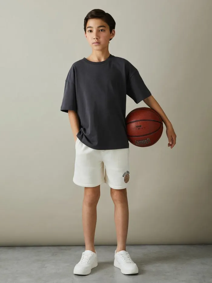 REISS Shorts Children Relaxed Embroidered Basketball Shorts Off White
