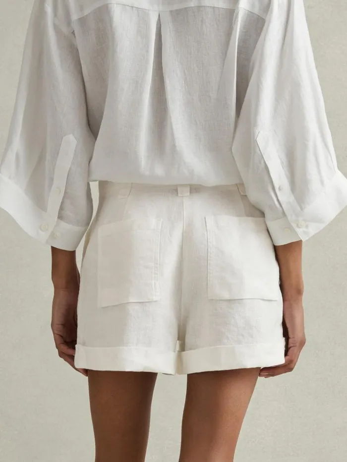 REISS Shorts Women Linen Garment Dyed Shorts White