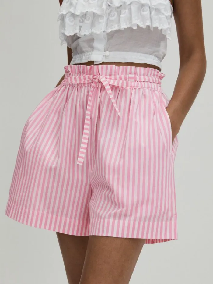 REISS Shorts Women Mille Striped 100 Cotton Paper Bag Shorts Bubblegum