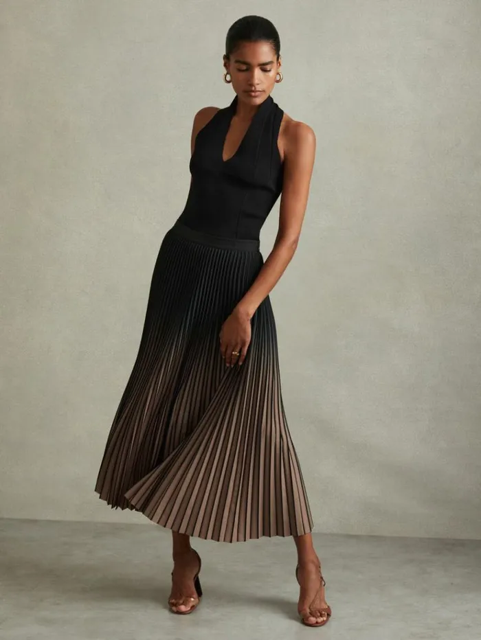 REISS Skirts Women Ombre Pleated Midi Skirt Blacktaupe