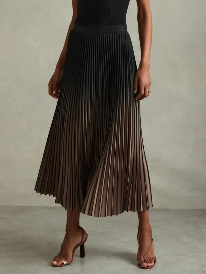 REISS Skirts Women Ombre Pleated Midi Skirt Blacktaupe