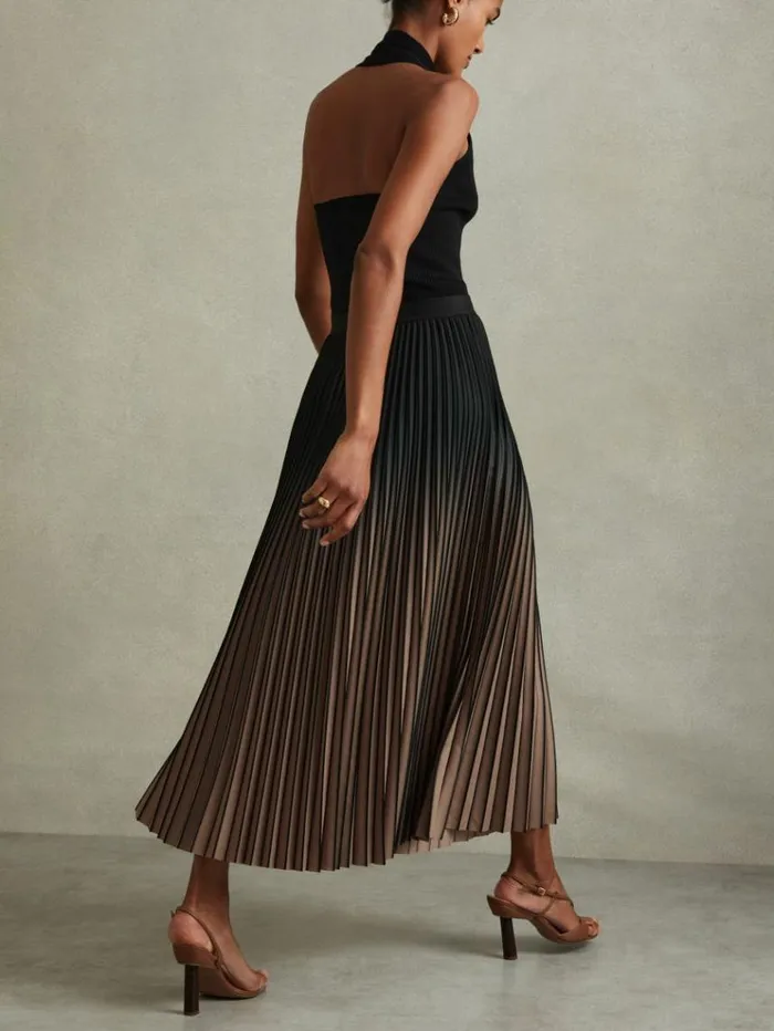 REISS Skirts Women Ombre Pleated Midi Skirt Blacktaupe