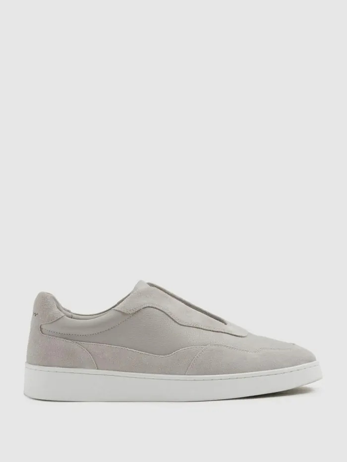 REISS Sneakers Men Grained Leather Elasticated Lace Trainers Grey