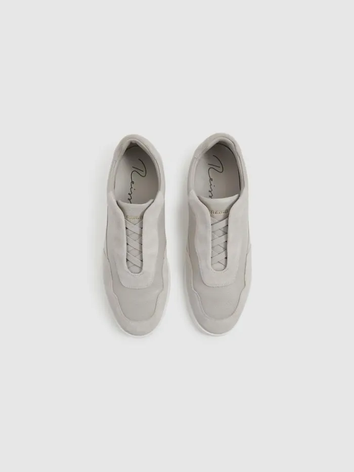 REISS Sneakers Men Grained Leather Elasticated Lace Trainers Grey