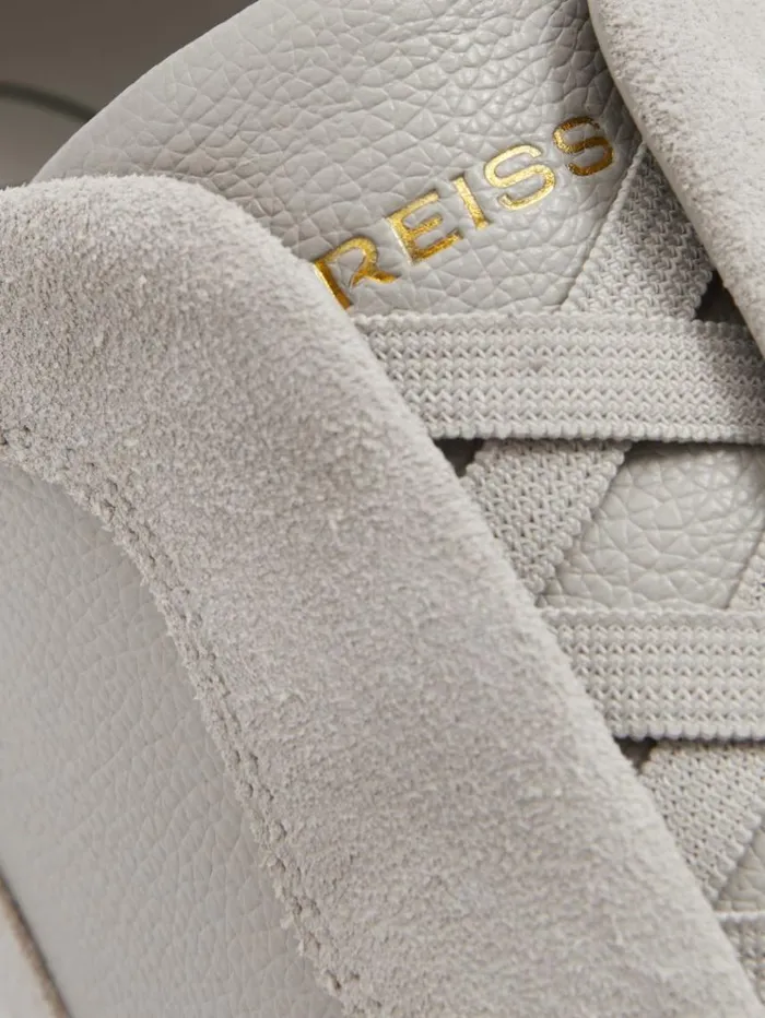 REISS Sneakers Men Grained Leather Elasticated Lace Trainers Grey