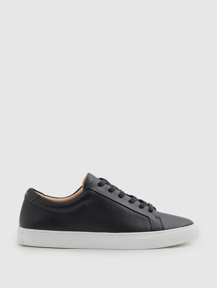REISS Sneakers Men Grained Leather Trainers Dark Navy
