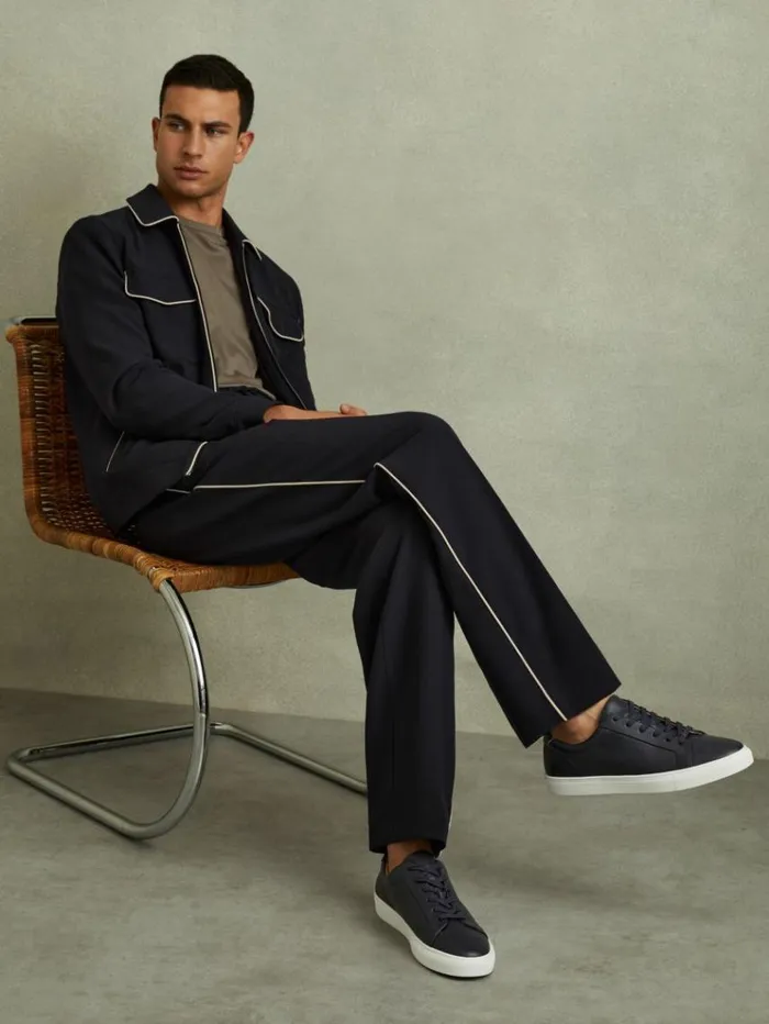 REISS Sneakers Men Grained Leather Trainers Dark Navy