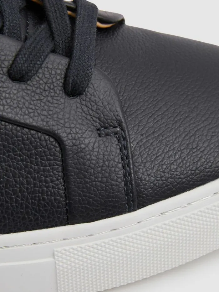 REISS Sneakers Men Grained Leather Trainers Dark Navy