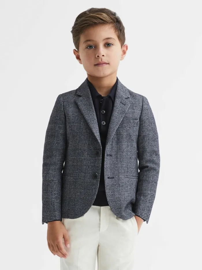 REISS Suits and Tailoring Children Single Breasted Check Blazer Navy