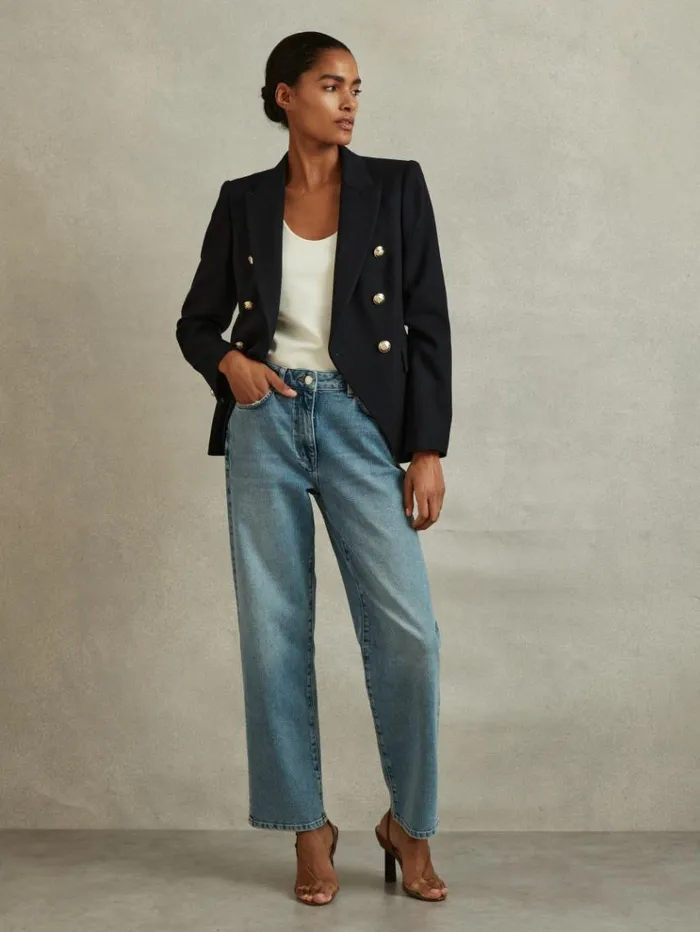 REISS Suits and Tailoring Women Tailored Fit Textured Double Breasted Blazer Navy