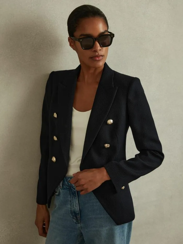 REISS Suits and Tailoring Women Tailored Fit Textured Double Breasted Blazer Navy