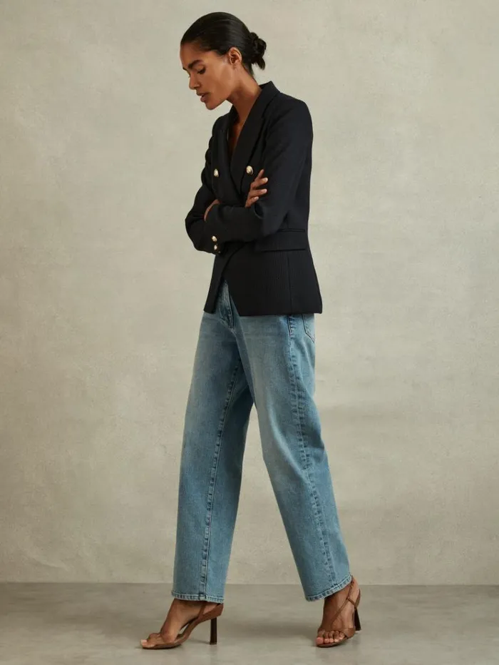 REISS Suits and Tailoring Women Tailored Fit Textured Double Breasted Blazer Navy